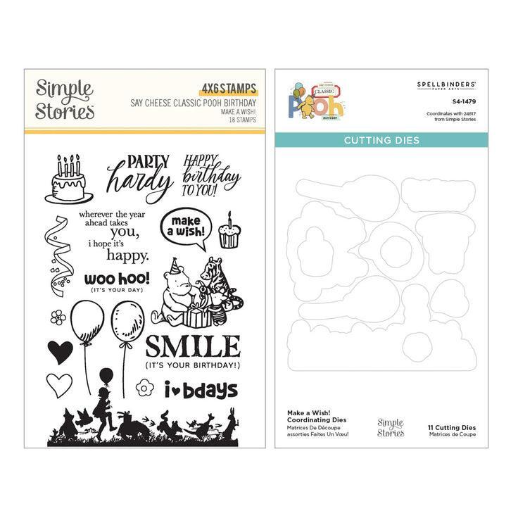 Simple Stories - Say Cheese Classic Pooh Birthday Collection - Clear Stamps &amp; Dies - Make a Wish!-ScrapbookPal
