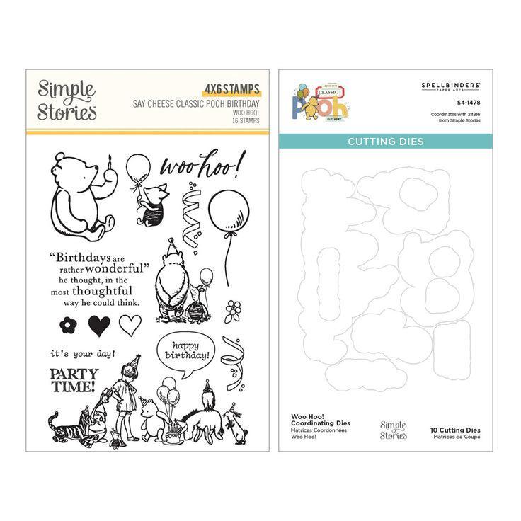 Simple Stories - Say Cheese Classic Pooh Birthday Collection - Clear Stamps &amp; Dies - Woo Hoo!-ScrapbookPal