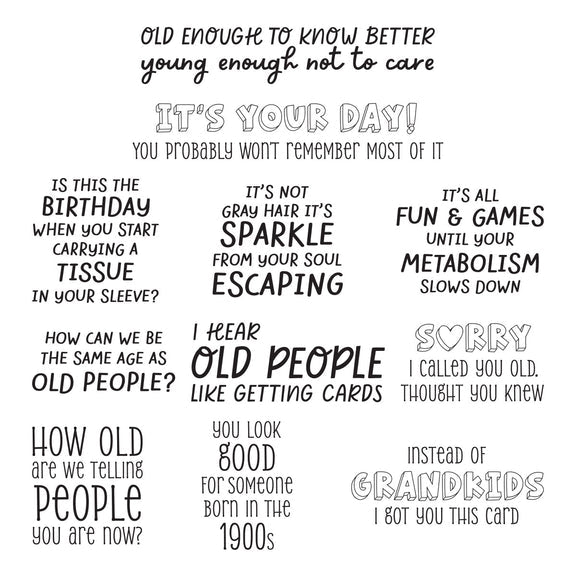 Spellbinders - Aged to Perfection Collection - Clear Stamps - Birthday Laughs Sentiments-ScrapbookPal