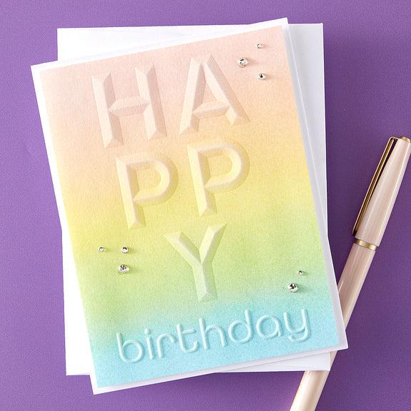 Spellbinders - Beveled Sentiment A2 Cardfronts Collection - 3D Embossing Folder - Beveled Happy Birthday-ScrapbookPal