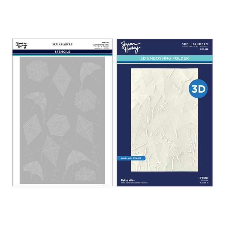Spellbinders - Sky's the Limit Collection - 3D Embossing Folder &amp; Stencils Set - Flying Kites-ScrapbookPal