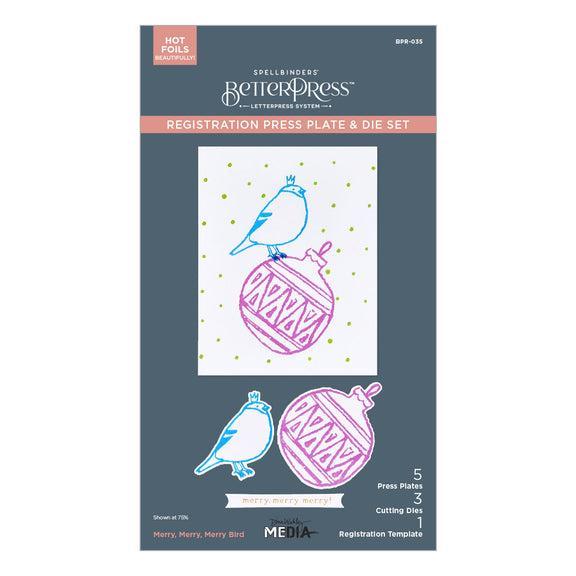 Spellbinders - Starry Holiday Collection - Registration Press Plates &amp; Dies - Merry, Merry, Merry Bird-ScrapbookPal