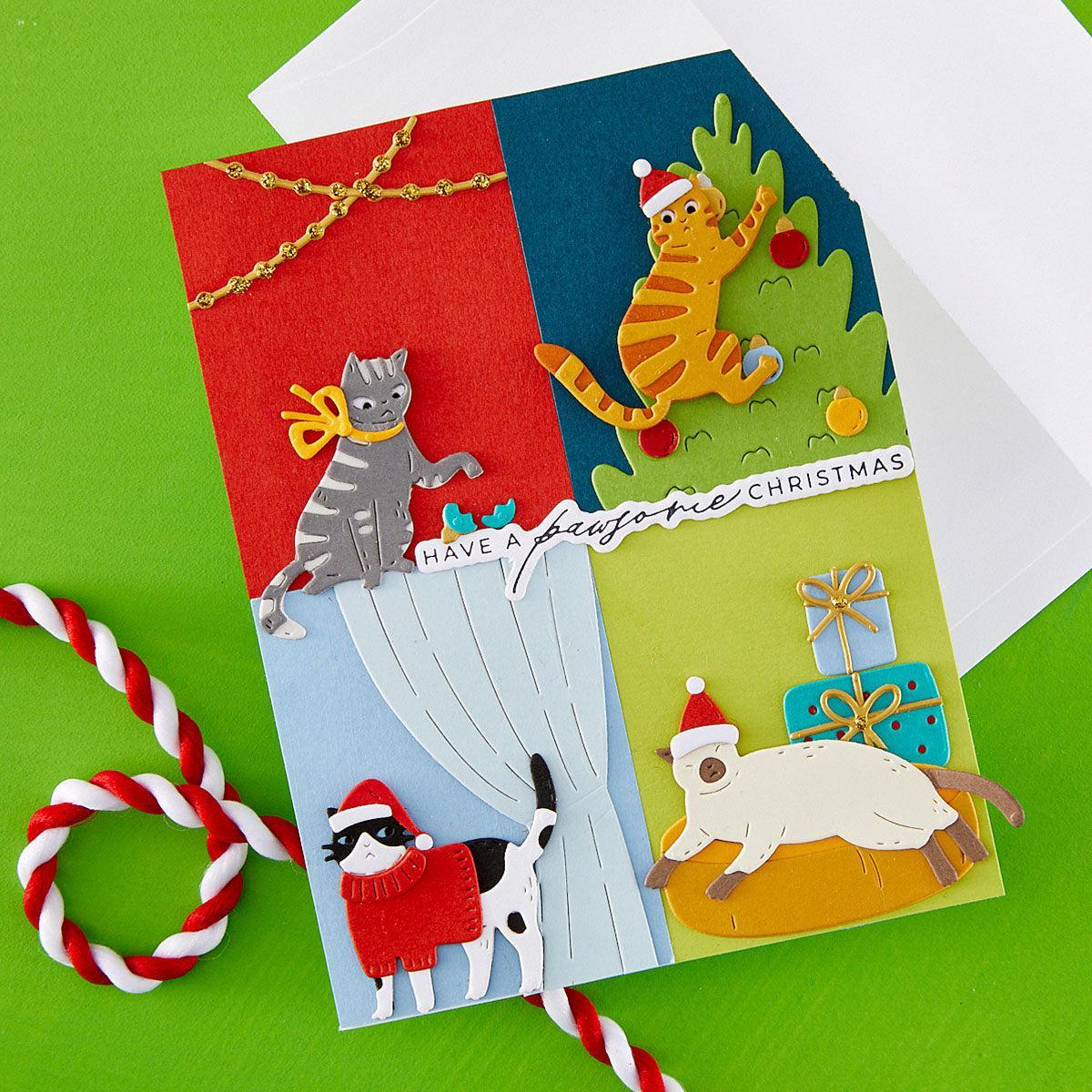 Spellbinders - Yana's Christmas Cats Collection - Letterpress + Foil Plate &amp; Dies - Meowy Christmas Sentiments-ScrapbookPal